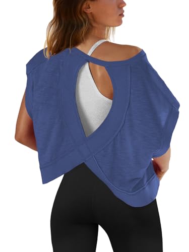 Image of SENSERISE Womens Open Back Workout Tops Backless Short Sleeve Athletic Shirt Running Crop Top Gym Yoga Tee