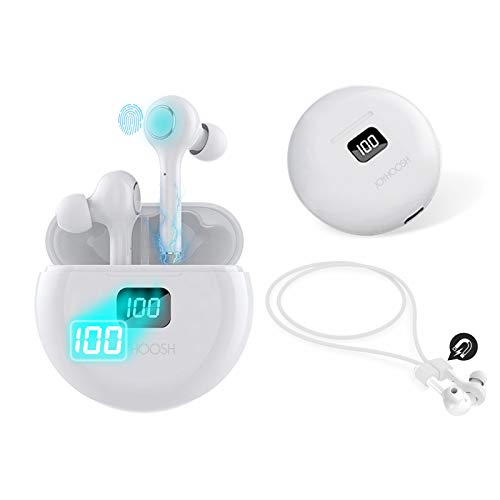 True Wireless Earbuds,JOYHOOSH TWS Bluetooth Earbuds with Anti Lost Strap Noise Cancelling with Mic,5.0 Bluetooth Headset In Ear super Bass,20H with Charging Case,Touch Control,Sport Earphones (White)