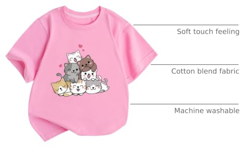 Image of KEEVICI Cute Cartoon Cat Shirts for Girls Kids Graphic Tees Kawaii Animal Pattern T Shirt Cotton Crewneck Summer Loose Tops