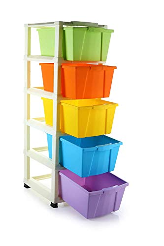 ZODUTA Plastic Large Stomo Multi-Purpose Modular Basket Drawer Chest of Trolley Foldable Drawers Anti-Slip 5 Layer Storage Rack Shoes Organizers Box (5 Drawer, Multicolor)