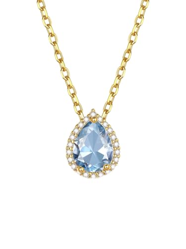 GoldChic Collar Mujer Colgante Gota Lagrima Aguamarina Azul Circonita Cúbica Elegante Gargantilla Dorada Choker Oro Cadena Acero Inoxidable Piedra Nacimiento Marzo