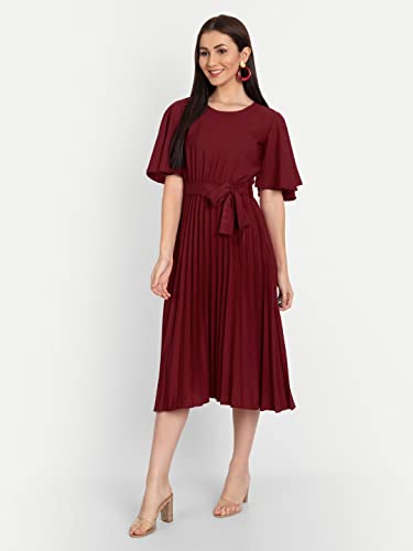 Image of KUDUZO Women's Crepe Long Pleated Below Knee Length Flutter Sleeve Round Neck S to XL Maxi Dress for Girls. (EG-U0IM-B9A1)