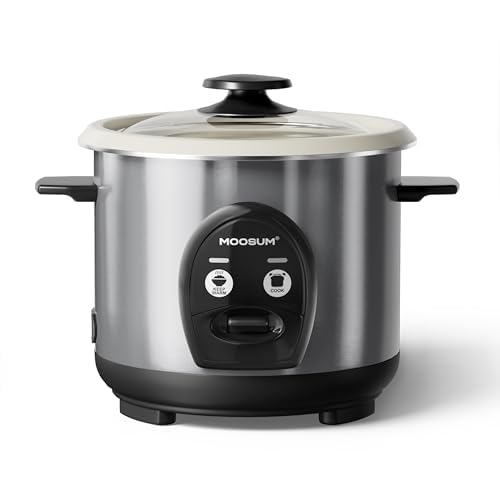MOOSUM Olla arrocera con un solo toque y vaporizador de alimentos, 0.6L-3 tazas, para 1-2 personas, cocción rápida sin quemar, revestimiento antiadherente extraíble, incluye mantener el calor 24 horas
