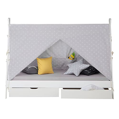 Homestyle4u 1990, tipi-bed, kinderbed, 90 x 200 cm, huisbed, wit, 2 laden, tienerbed, tent, sterren, hout grenen - Afbeelding 4
