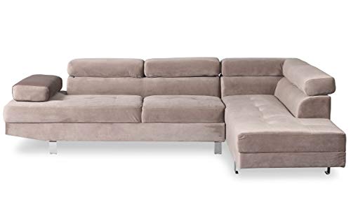 Menzzo Canapé d’Angle 5 Places L260 cm Alfa Velours Taupe – Têtières Relevables & Accoudoir...