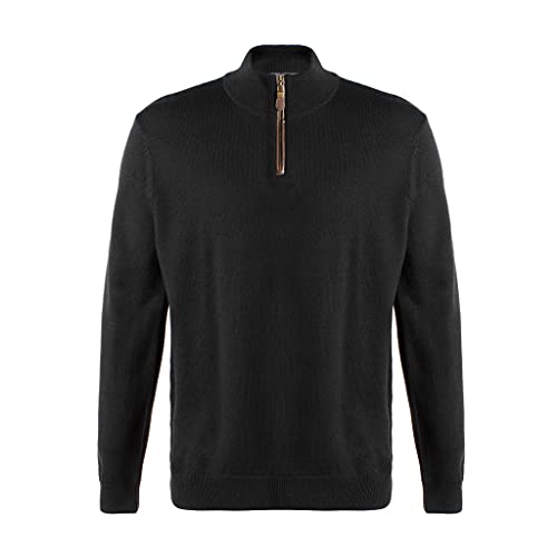 Men's Solid 1/4 Zip Neck Merino Wool Sweater (Black, Medium)