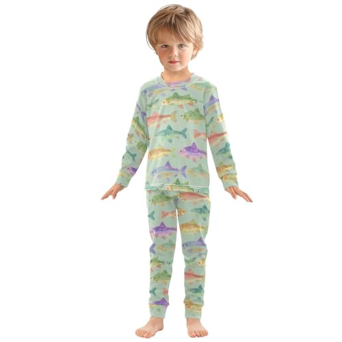 Pajama Sets Long Sleeve Colorful Fish Hand Draw Soft Comfy Sleepwear 2 Piece PJS 3-8T2
