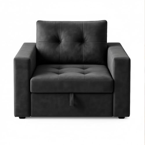 Image of FURNY Tressa 1 Seater Fabric Easy Pull-Out Sofa Cum Bed (Dark Grey) Premium Velvet Finish | Durable Comfort | Ideal for Living Room