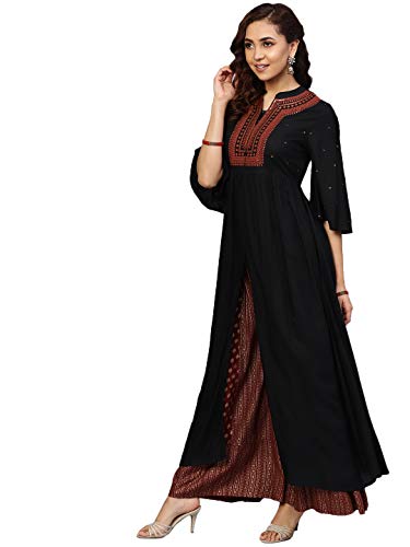 Image of Juniper Black Rayon Embellished Kurta with Printed Flared Palazzo