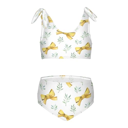 Dussdil Yellow Bows Green Twigs Leaves Girls Swimsuits 2 Piece Swimwear Bikini Set Beach Bathing Suit for Summer Girl Kids 9-10T