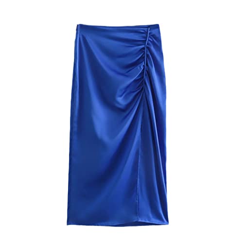 Jupe en satin bleu femme jupe longue froncée fendue taille haute 40