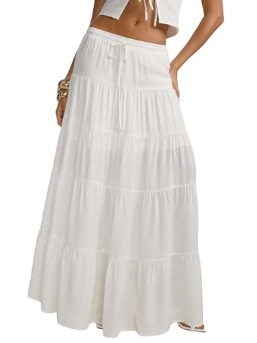 Image of Women's Boho Maxi Skirt Ruffle Flowy Low Rise A Line Beach Long Skirts | Flared Ruffle, Elastic Waist, Summer Vacation Skirts