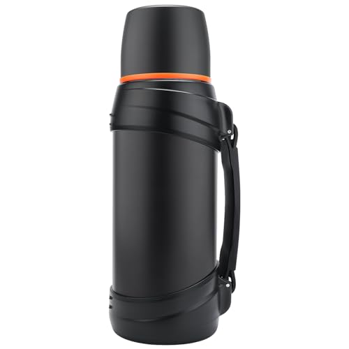 Olerd Termo de 2,0 l, termo de acero inoxidable, termo con 2 vasos, aislamiento de doble pared, botella de agua para camping, 24 horas caliente y fría (negro)