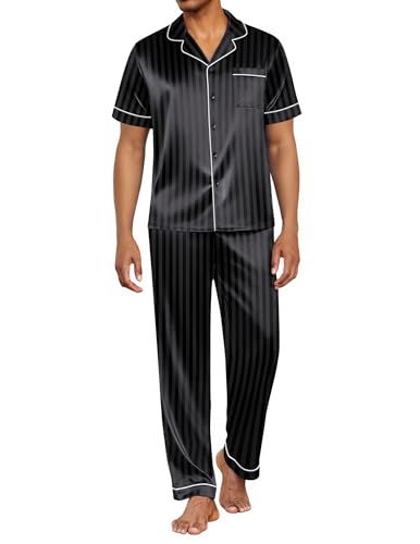 Ekouaer Mens Satin Pajama Set Short Sleeve Sleepwear Button Down Loungewear Pjs Set with Long Pants Stripes/Black