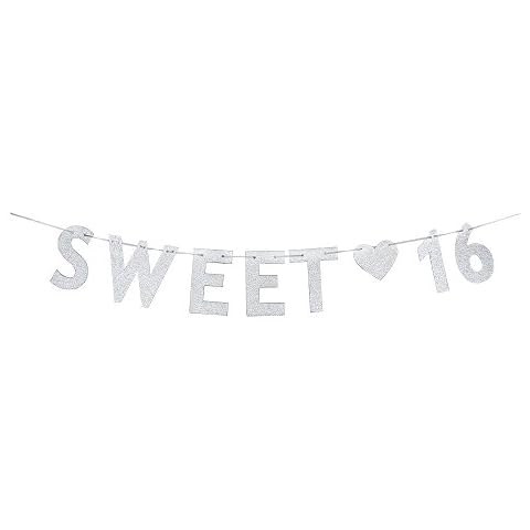 WeBenison Silver Sweet 16 Birthday Banner - 16th Wedding Anniversary Party Decoration Bunting Photo Props, Party Favors, Supplies, Gifts, Themes and Ideas Cover