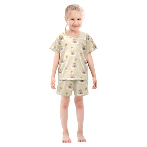 Cute Bathing Capybara with Flowers Summer Cute Pajama Sets, Short Sets for Daily Wears and Sleep Wears3