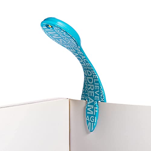 Image of Gifts for Readers & Writers Book Light, Clip On Reading Light for Bed, 2in1 Flexilight & Bookmark, Small & Lightweight with a Soft Glow, 2 Batteries Included, Blue Words