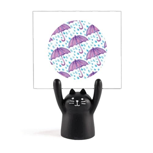 Porte-mémo chat noir mignon sous son parapluie violet aquarelle