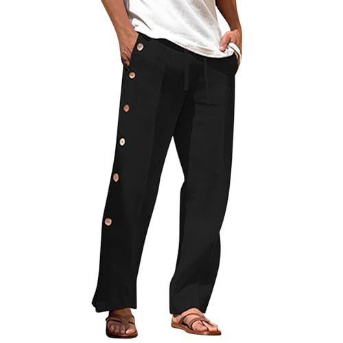 Men's Fashion Casual Pants Relaxed Fit Buttons Side Split Trousers Breathable Baggy Straight Leg Summer Beach Pants3