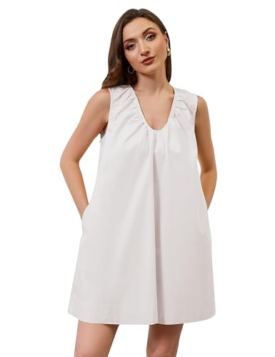 Image of OLAPTA Women Summer Sleeveless Babydoll Mini Tank Dresses Loose Fit Scoop Neck Ruched Short Dress with Pockets Party Clubwear