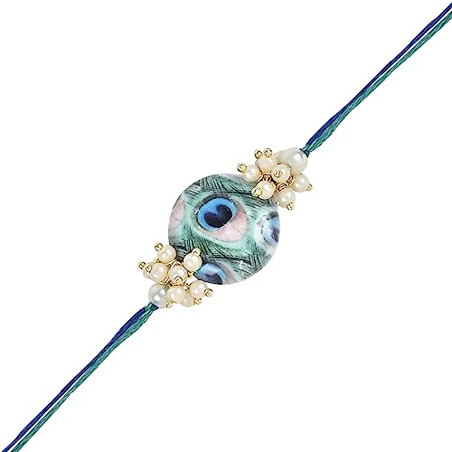 Image of I Jewels Pearl Bhaiya Bhabhi Lumba Rakhi Bracelet Combo Set With Roli Chawal & Rakshabandhan Greeting Card