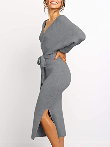 Image of Chang Yun Women's Long Maxi Sweater Dresses Sexy Wrap Batwing V Neck Slit Open Back Holiday Bodycon Dress with Belt