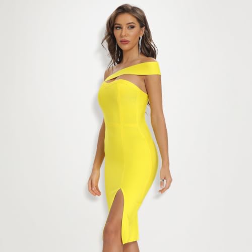 Image of Women's One Shoulder Bandage Dress for Women Wedding Guest Cocktail Party Midi Dress