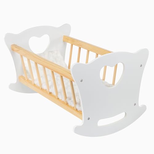 Kinderplay Puppenwiege Holz mit Bettwäsche Puppenbett Schaukelbett für Puppen bis 49 5 cm Holzspielzeug Mädchen ab 3 Jahren Nachhaltige Babywiege für Rollenspiele & Geschenk Kinder