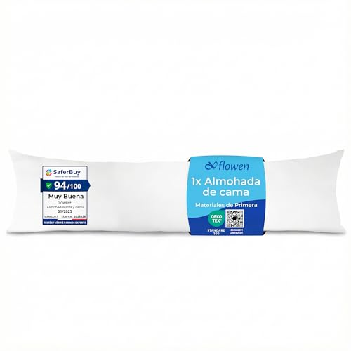 Flowen Almohada para Cama 40x145 1 Unidad Relleno Cojin Hipoalergénico Antiácaro y Suave Rectangular para Hogar con Funda Exterior de Almohada Respirable en Poliéster Blanco