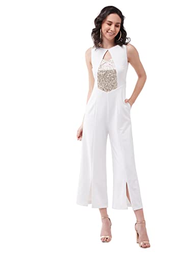Image of Miss Chase Women's Off White Solid Regular Length V-Neck Sleeveless Wide Leg Embellished Jumpsuit