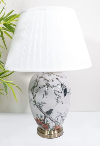 DOWNTON INTERIORS Large Grey Oriental Chinese Ceramic Table Lamp Black Orange Bird Pattern Overall Height 62cm (G2107) (White Pleated Shade)