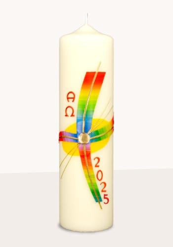Kopschitz Kerzen Osterkerze Regenbogenkreuz, A und O, Jahreszahl 270 x Ø 70 mm