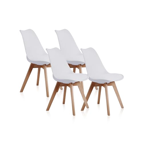 Bistro, Pack 4 Sillas de Comedor, Sillas de Salon o Cocina, Acabado en Simil Piel Blanco y Madera, Medidas: 48 cm (Ancho) x 54 cm (Fondo) x 84 cm (Alto)