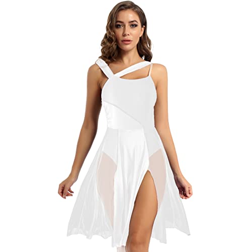 Jugaoge Damen Tanzkleider Ärmellos Träger Body Farbblock Trikot mit Slip Rock mit Schlitz Lyrisch Modern Kleider Contemporary Outfits Weiß M