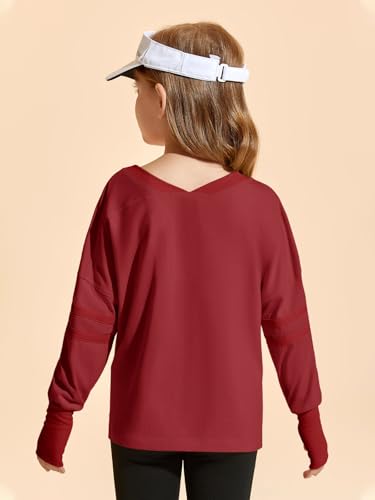 Image of Haloumoning Girls Oversized Long Sleeve T Shirts Kids Casual V Neck Cute Tops Basic Tees with Thumb Holes 5-14Y Burgundy
