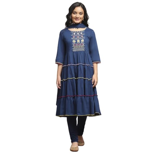 Image of Biba Girls 3 /4 Sleeve 100% Cotton Round Neck Kurta Set