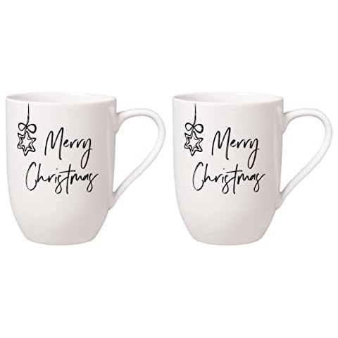 EKM Living Villeroy 2er Set Statement Becher mit Henkel Merry Christmas 11,5x8x10,5cm Premium Porzellan weiß 1016219674 x 2 - Tassen Xmas + Gratis 4er Set Edelstahl Trinkhalme Cover