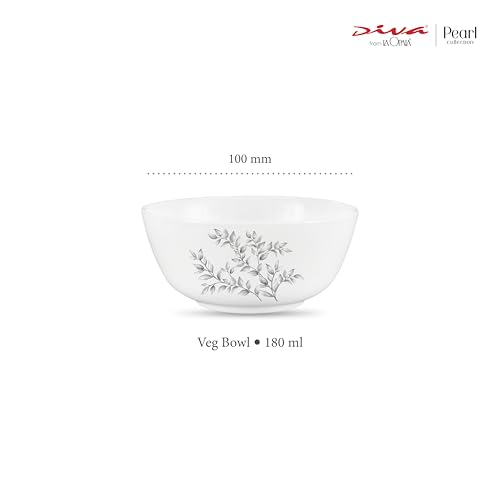 Image of La Opala Diva, Pearl Collection Opal Glass Crockery | Vegetable Bowl 220 ml Set of 6 | Dusky Vines Design | for dal & Condiments | Microwave Safe | 100% Vegetarian | Extra Strong | Light & White