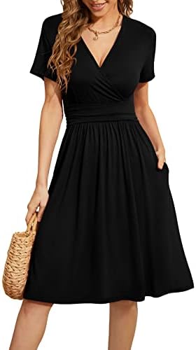 WEACZZY Summer Dress for Women Casual Short Sleeve Black Dresses Wrap V-Neck Party Dress with Pockets, Black, X-Large