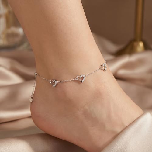 Image of SISGEM 10k White Gold Heart Anklet for Women, Cubic Zirconia Love Ankle Bracelet Jewelry for Wife /Mother /Sister, Birthday Gifts for Her, 9.4 inch-11 inch