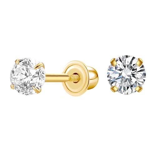 14K Yellow Gold Round Cubic Zirconia Stud Earrings, Classic Solitaire Design with Secure Screw-Back Closure, Versatile Sizes