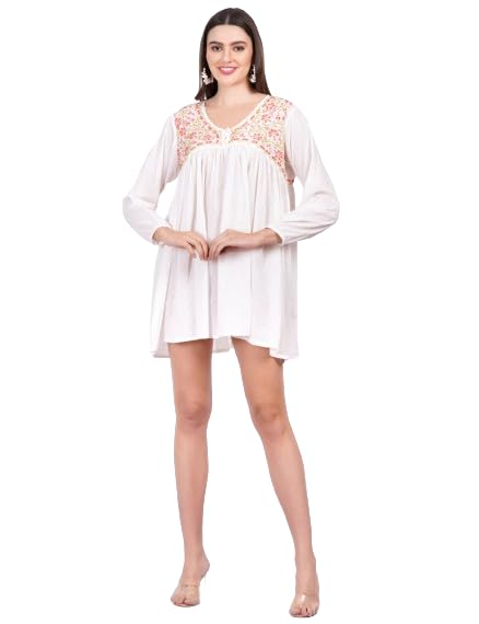 Chikankari Dobby Cream Cotton Dress, Short V-Neck Dress with Loop Button