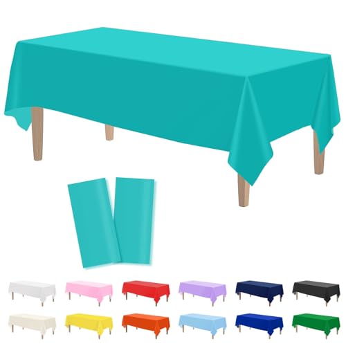 Image of Kopokita 2 Pack Teal Plastic Tablecloths Disposable 54 x 108 Inch