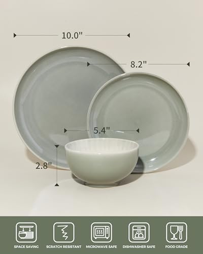 Image of Pokini Plates and Bowls Sets for 8, 24 Piece Dinnerware Set for Large Families & Entertaining, Elegant Design, Dishwasher & Microwave Safe, Chip Resistant and Durable, Gray Green