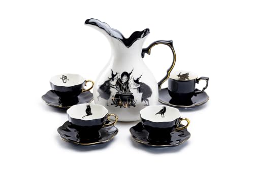 Potter's Studio Witches Brew Pitcher, 4 Assorted Halloween Tea Cup and Saucer Sets with Gold Trim