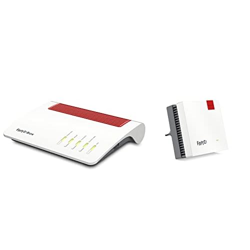 AVM Fritz!Box 7590 AX Wi-Fi 6 Router mit 2.400 MBit/s (5GHz) & 1.200 MBit/s (2,4 GHz) + Fritz!Repeater 1200 AX Wi-Fi 6 Repeater 5-GHz-Band (bis 2.400 Mbit/s), 2,4-GHz-Band (bis 600 Mbit/s)