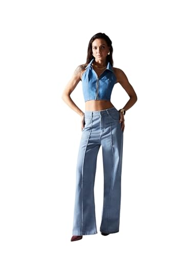 Jean denim femme coupe droite pantalon taille haute coton Miss Chase