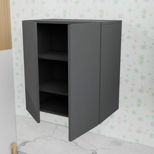 Image of 2 Door Multipurpose Wall Mounted Cabinet with Adjustable & Fixed Shelf | Storage for Modular Kitchen, Bathroom, Office & Living Room | Assembly-DIY | Color-Grey | Size-60x33x63.8 Cm