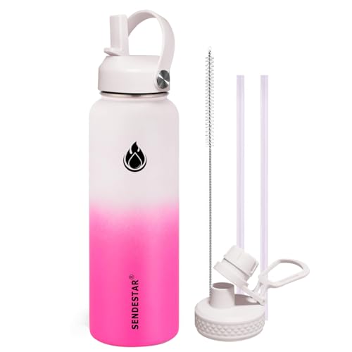 Image of SENDESTAR Stainless Steel Wide Mouth Water Bottle 32oz Double Wall Vacuum Insulated Leak Proof Bottle with New Flex Straw Lid & Spout Lid