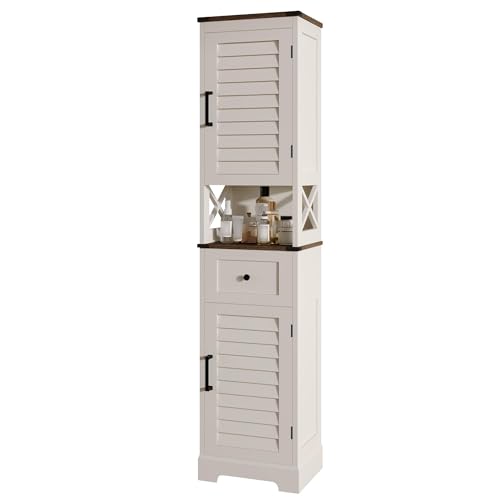 ChooChoo Farmhouse Storage Cabinet, Tall Bathroom Storage Cabinet with Door&Adjustable Shelves, Kitchen Cabinet with Storage, Narrow Linen Cabinet for Living Room, Soft White